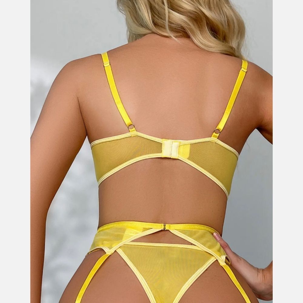 Yellow Underwear Bikini Sexy Lingerie Sling Neckline Transparent Bra Garter Set - Picture 6 of 7